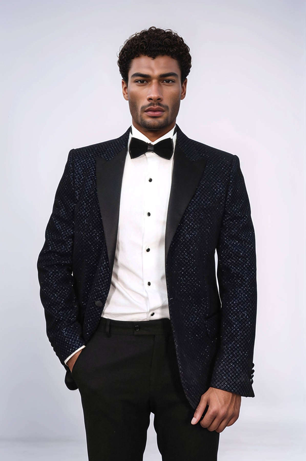 Black Patterned Over Navy Blue Men Prom Blazer - Wessi