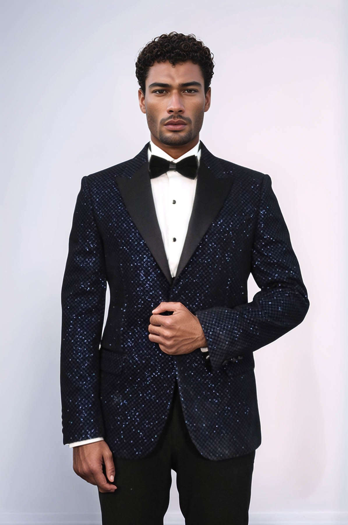 Black Patterned Over Navy Blue Men Prom Blazer - Wessi