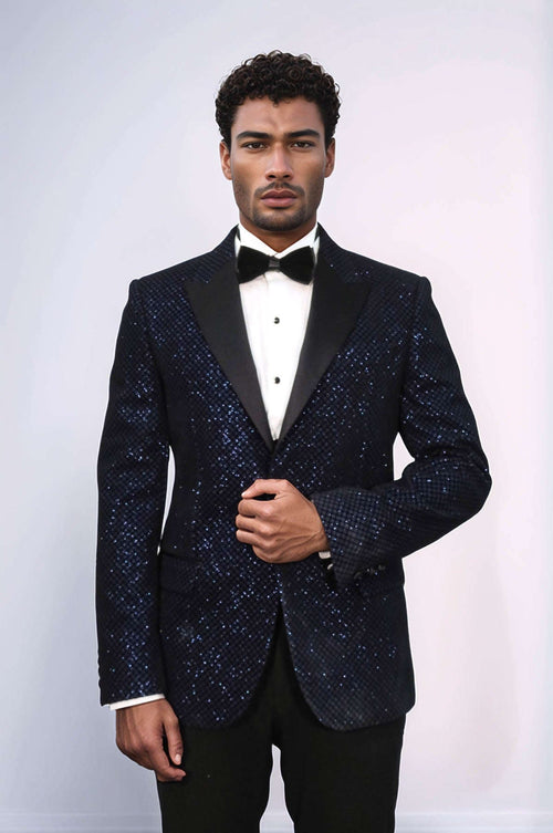Black Patterned Over Navy Blue Men Prom Blazer - Wessi
