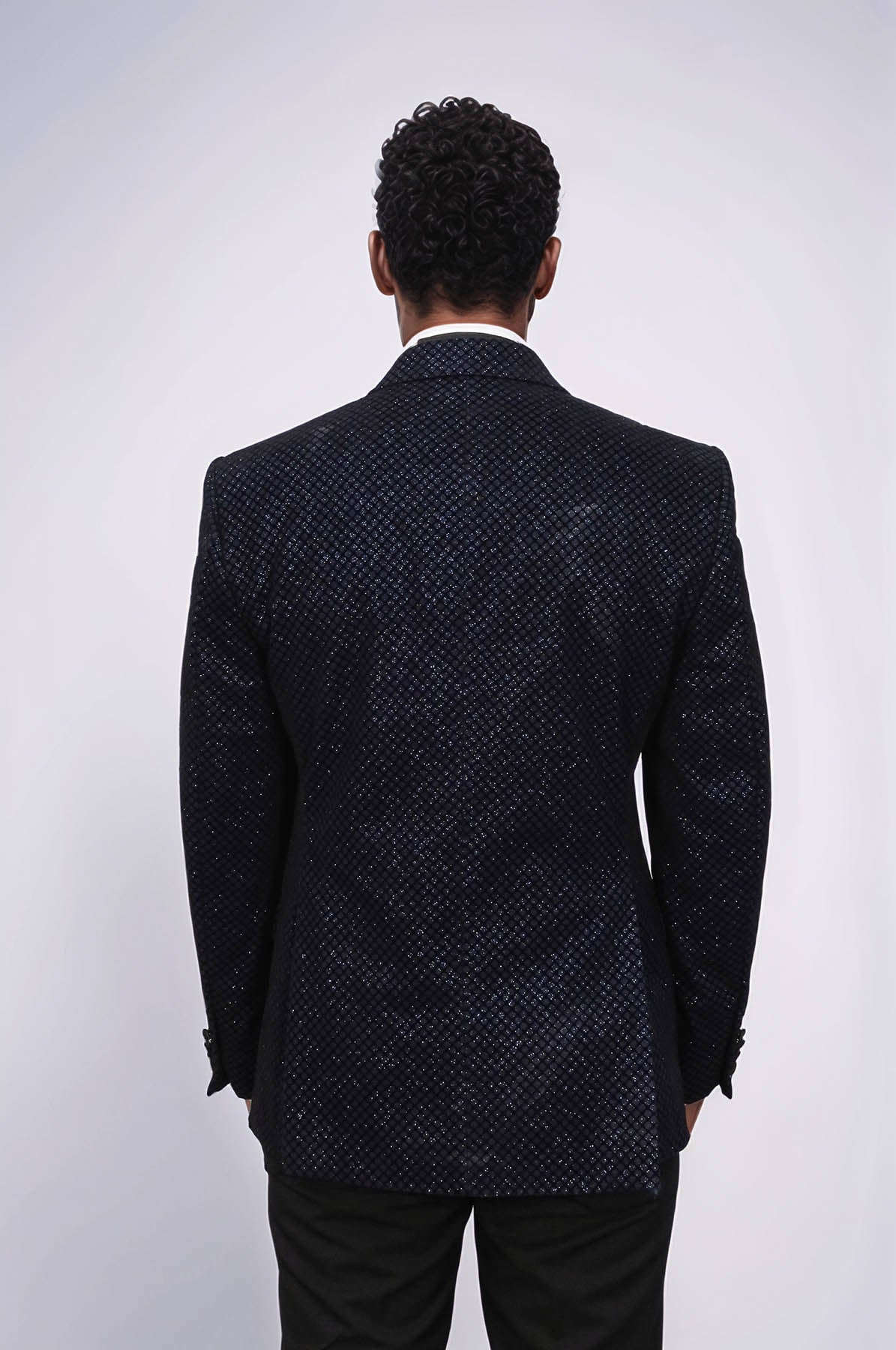 Black Patterned Over Navy Blue Men Prom Blazer - Wessi