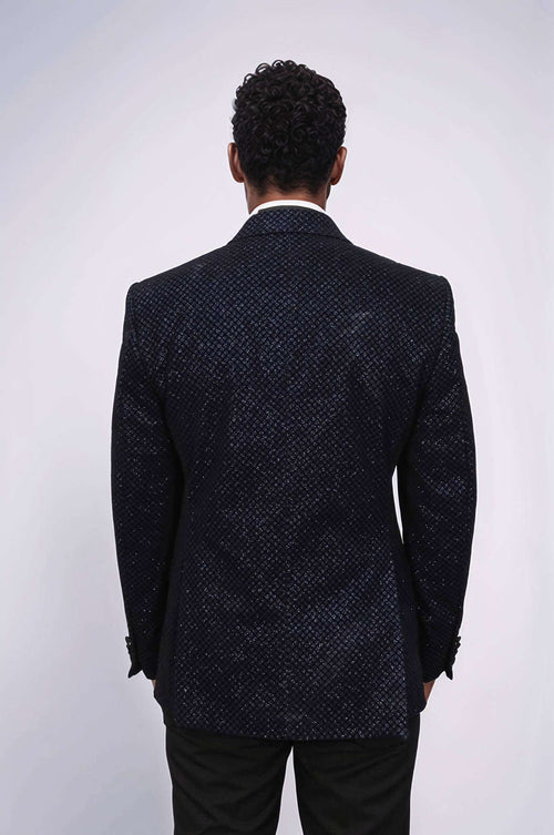 Black Patterned Over Navy Blue Men Prom Blazer - Wessi