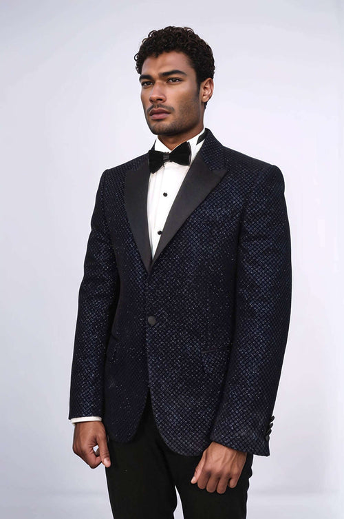 Black Patterned Over Navy Blue Men Prom Blazer - Wessi