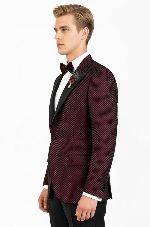 Black Patterned Over Burgundy Men Prom Blazer - Wessi