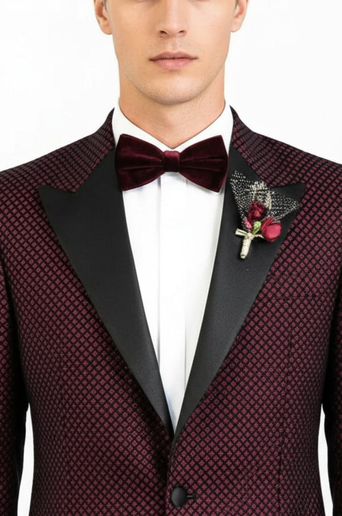 Black Patterned Over Burgundy Men Prom Blazer - Wessi