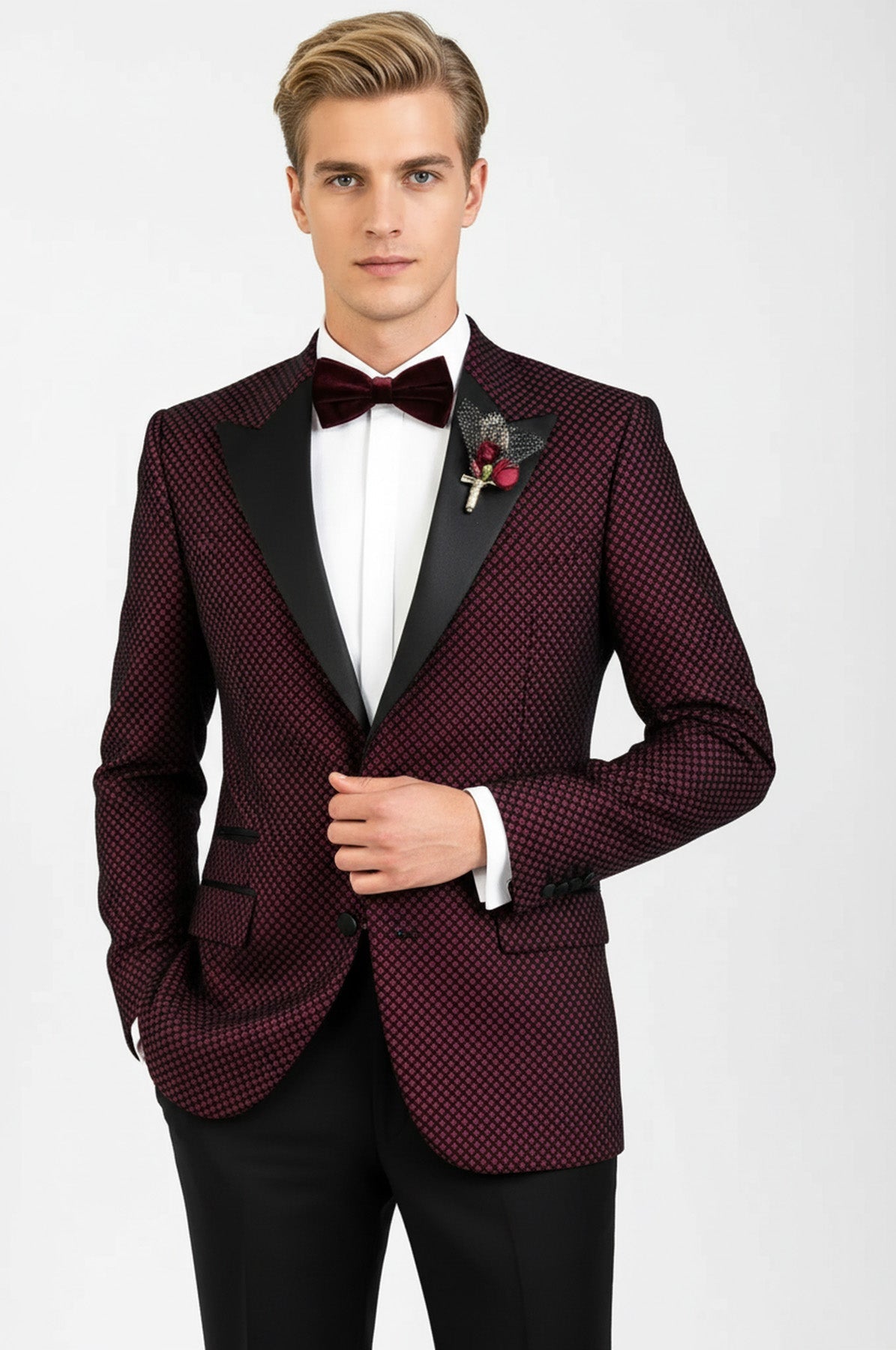 Black Patterned Over Burgundy Men Prom Blazer - Wessi