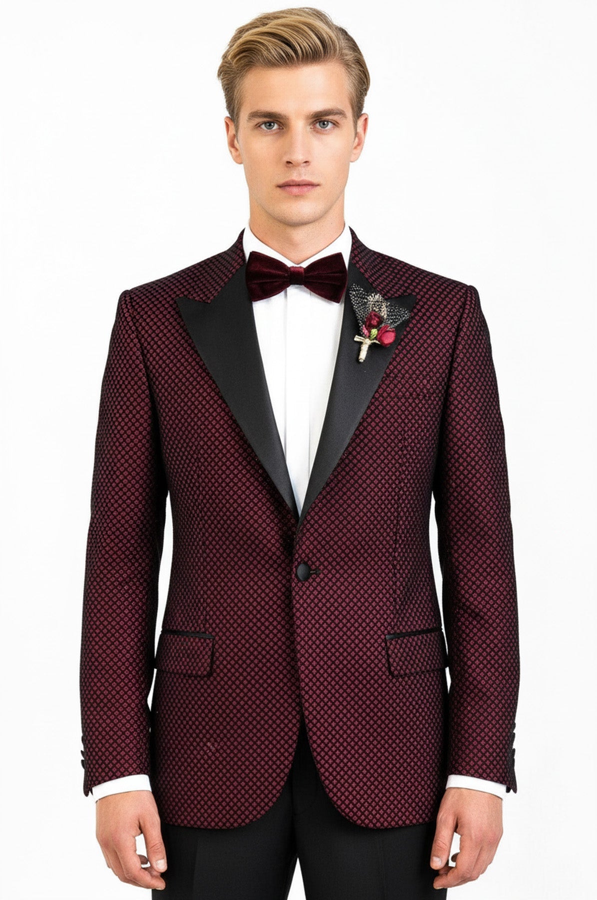 Black Patterned Over Burgundy Men Prom Blazer - Wessi