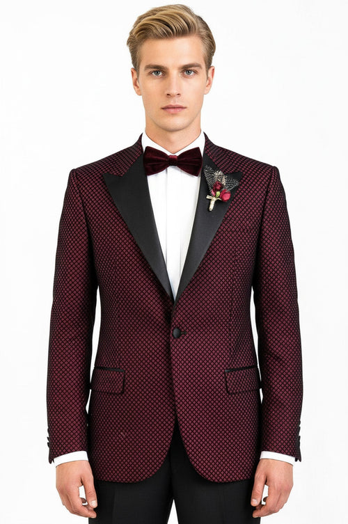 Black Patterned Over Burgundy Men Prom Blazer - Wessi