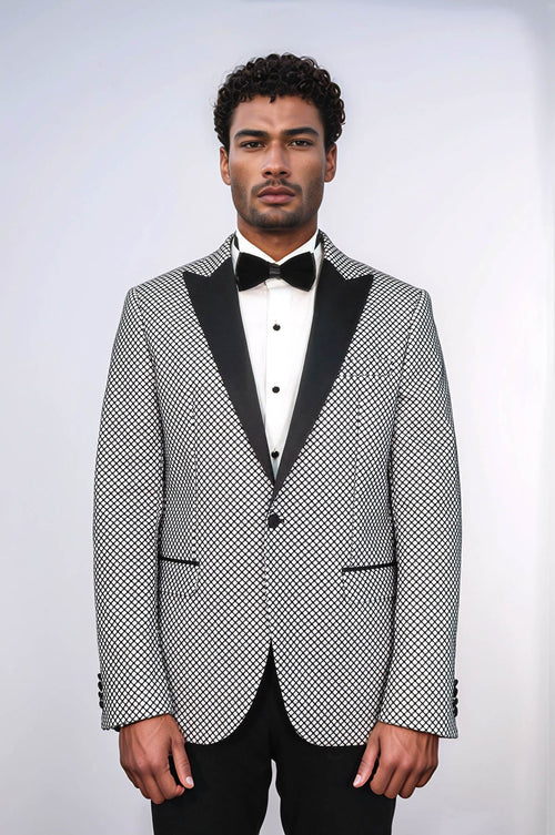 Black Patterned Over White Men Prom Blazer - Wessi