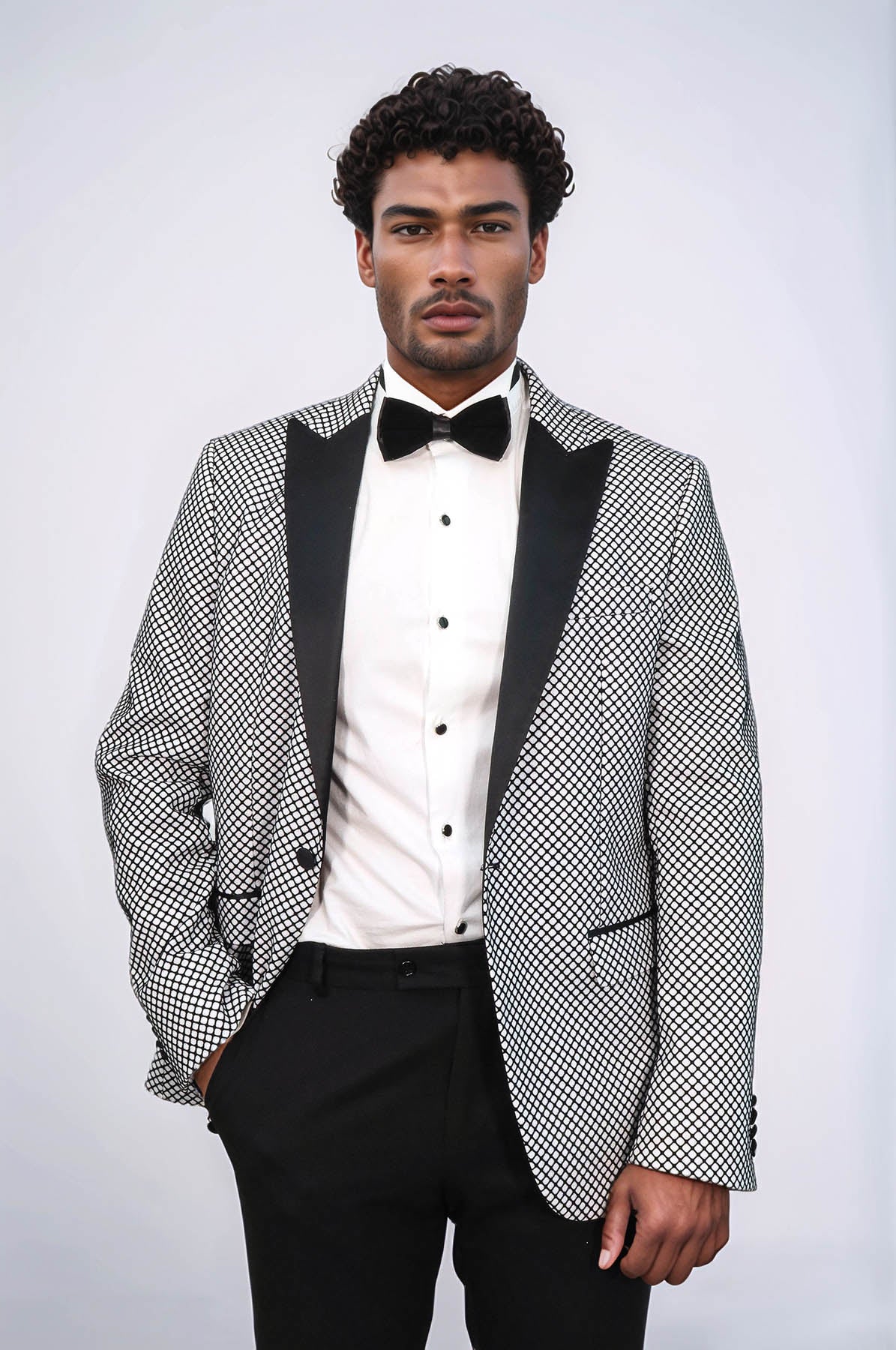 Black Patterned Over White Men Prom Blazer - Wessi