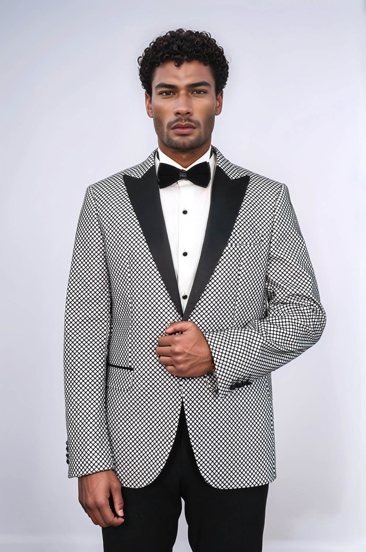 Black Patterned Over White Men Prom Blazer - Wessi