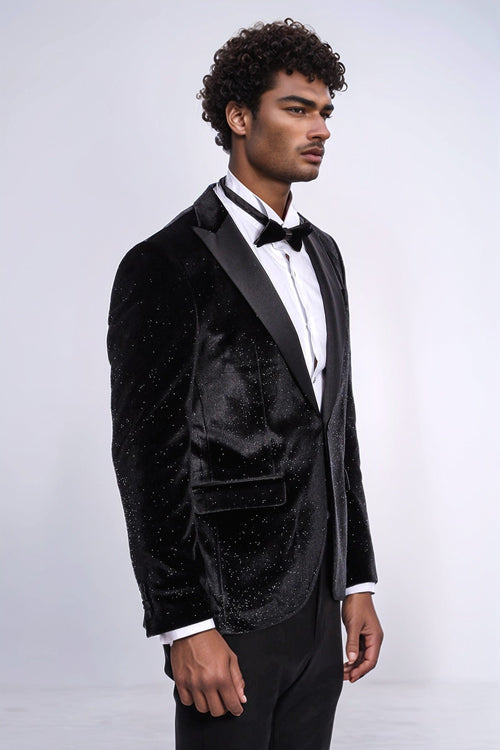 Sparkle Slim Fit Velvet Black Men Prom Blazer - Wessi