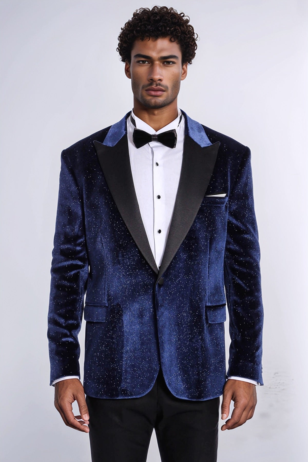 Sparkle Slim Fit Velvet Navy Blue Men Prom Blazer - Wessi