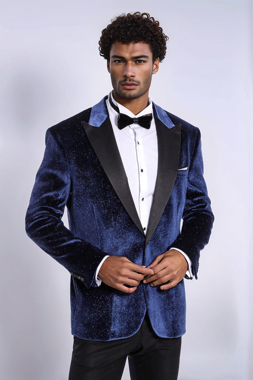 Sparkle Slim Fit Velvet Navy Blue Men Prom Blazer - Wessi