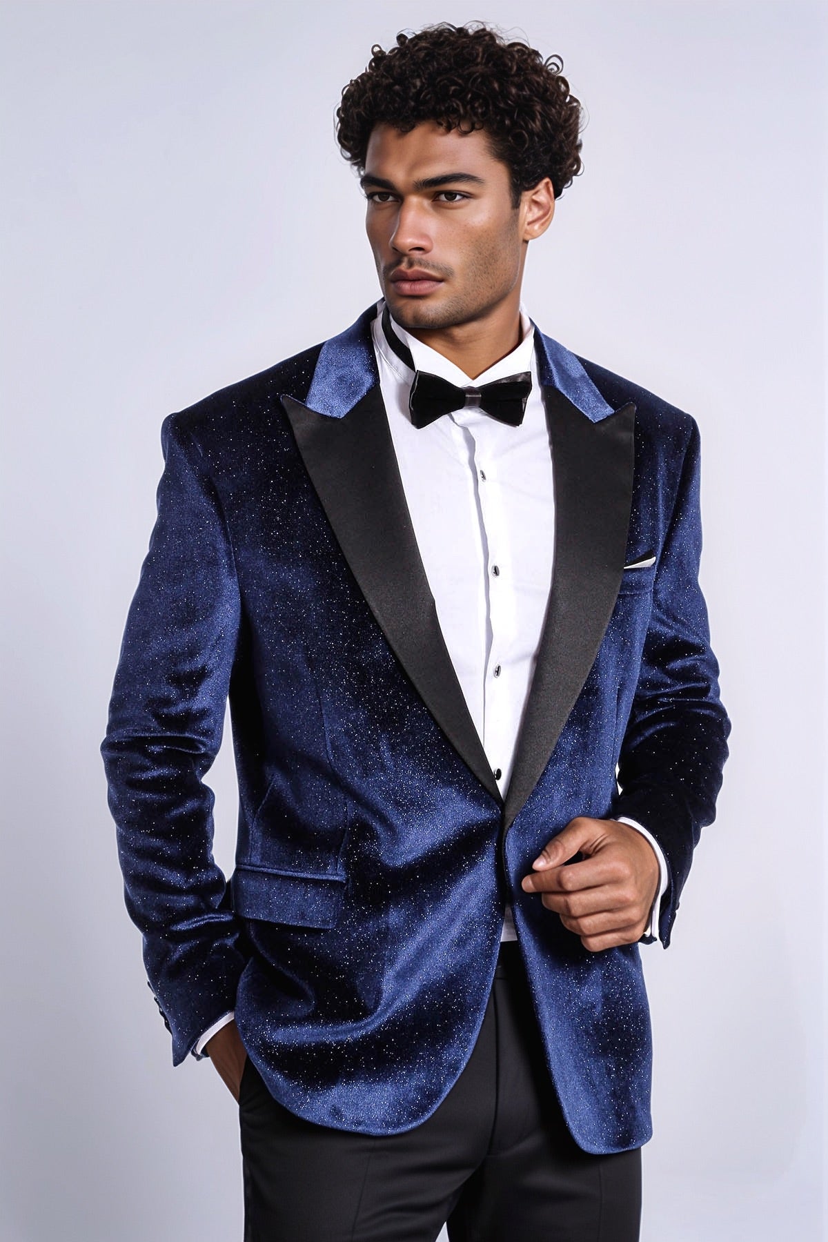 Sparkle Slim Fit Velvet Navy Blue Men Prom Blazer - Wessi