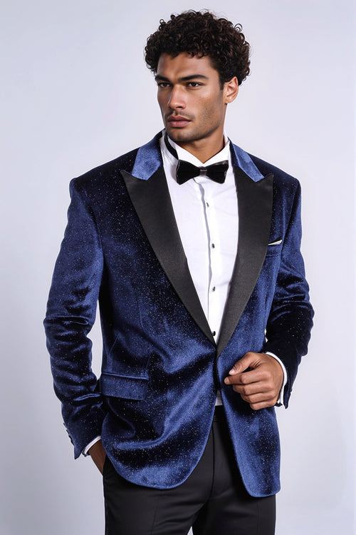 Sparkle Slim Fit Velvet Navy Blue Men Prom Blazer - Wessi
