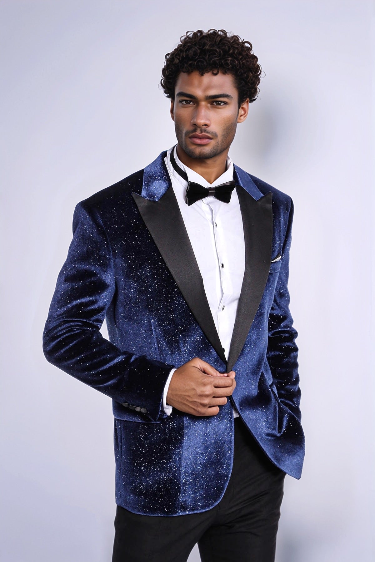 Sparkle Slim Fit Velvet Navy Blue Men Prom Blazer - Wessi