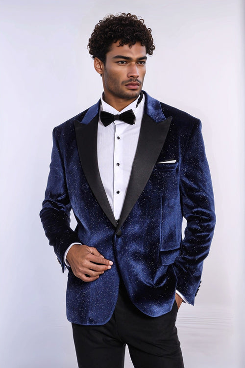 Sparkle Slim Fit Velvet Navy Blue Men Prom Blazer - Wessi