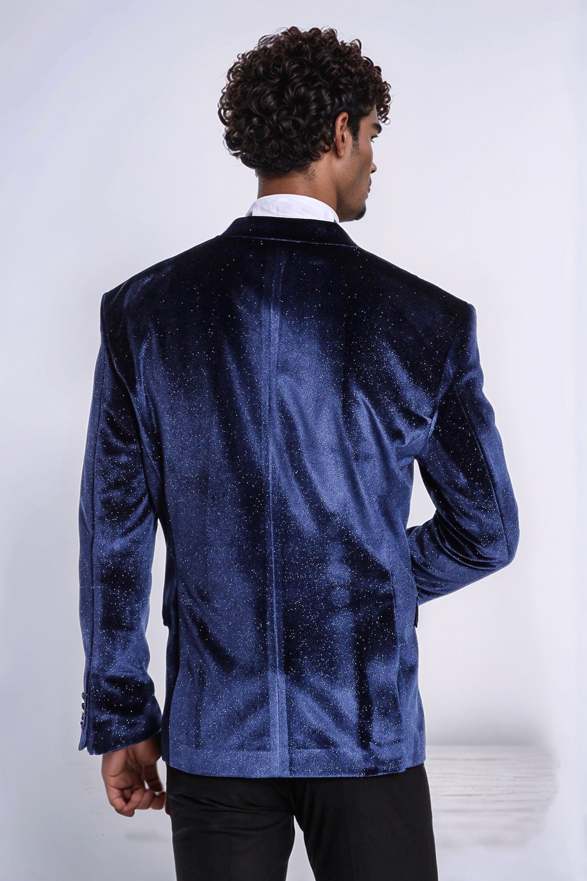 Sparkle Slim Fit Velvet Navy Blue Men Prom Blazer - Wessi