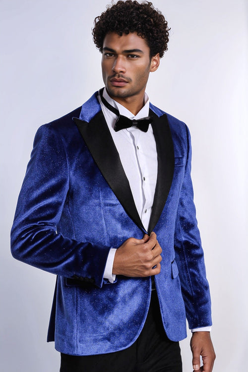 Sparkle Slim Fit Velvet Bast Blue Men Prom Blazer - Wessi