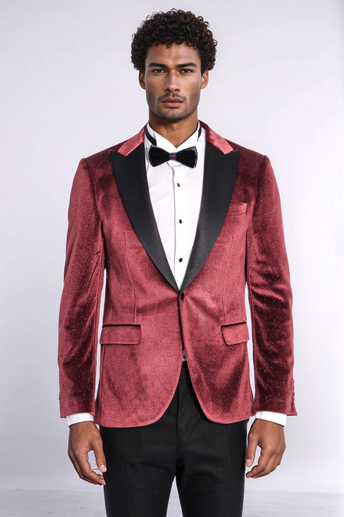 Sparkle Slim Fit Velvet Burgundy Men Prom Blazer - Wessi