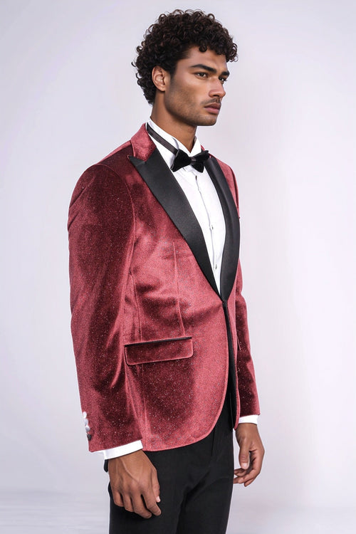 Sparkle Slim Fit Velvet Burgundy Men Prom Blazer - Wessi