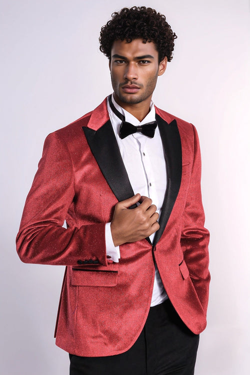 Sparkle Slim Fit Velvet Red Men Prom Blazer - Wessi