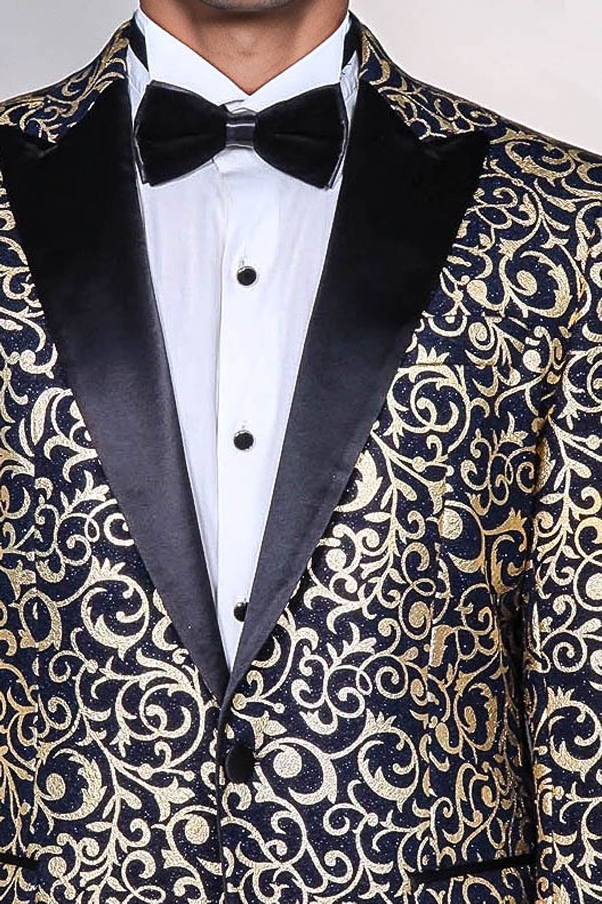 Gold Patterned Over Navy Men Prom Blazer - Wessi