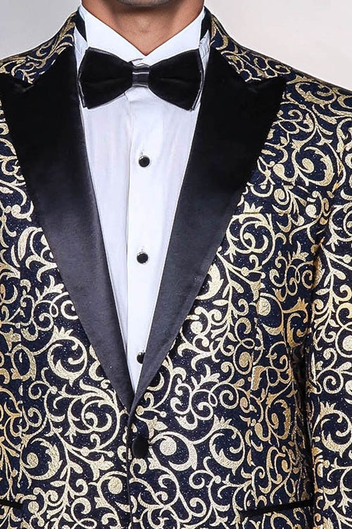 Gold Patterned Over Navy Men Prom Blazer - Wessi