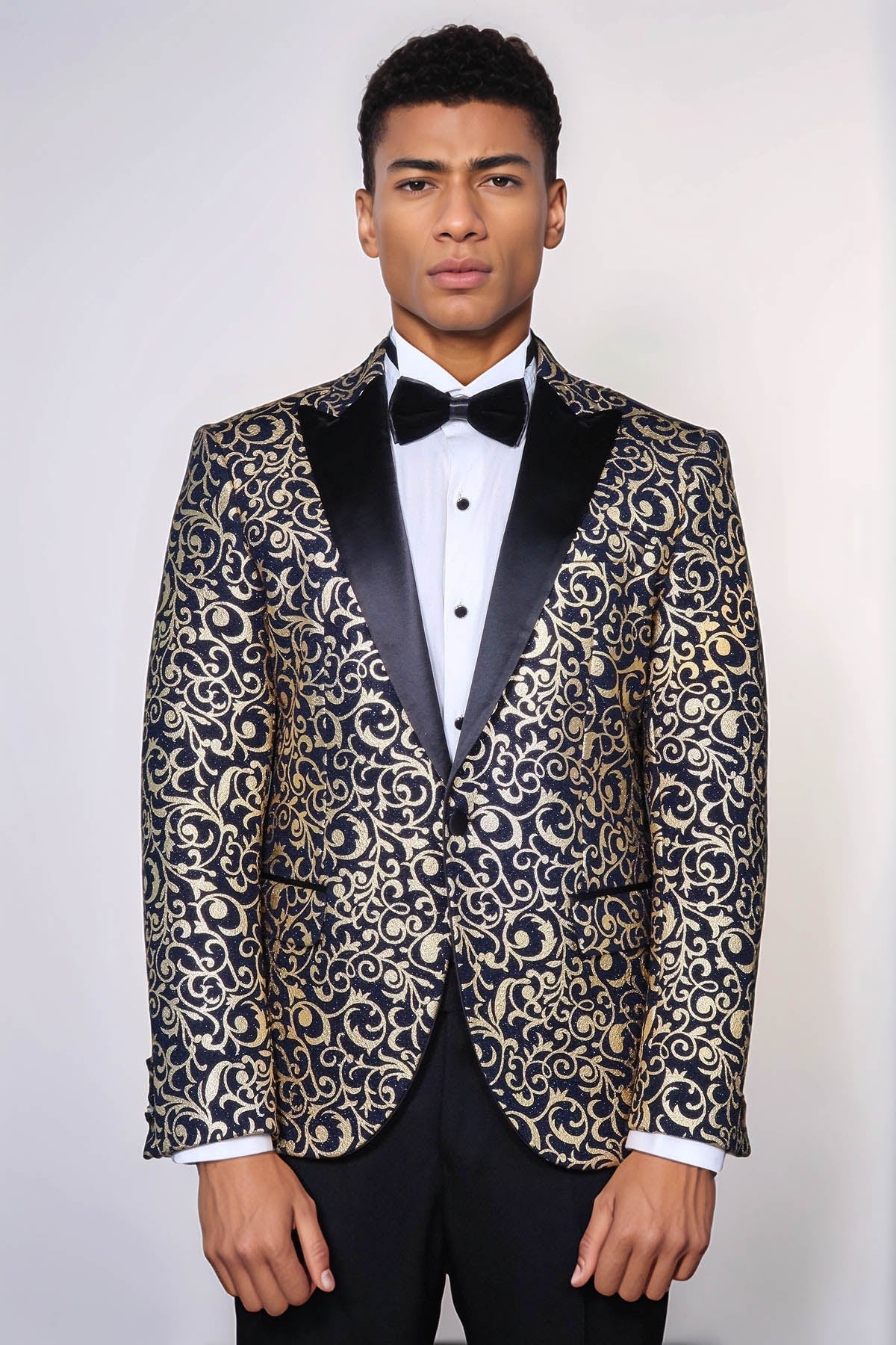 Gold Patterned Over Navy Men Prom Blazer - Wessi