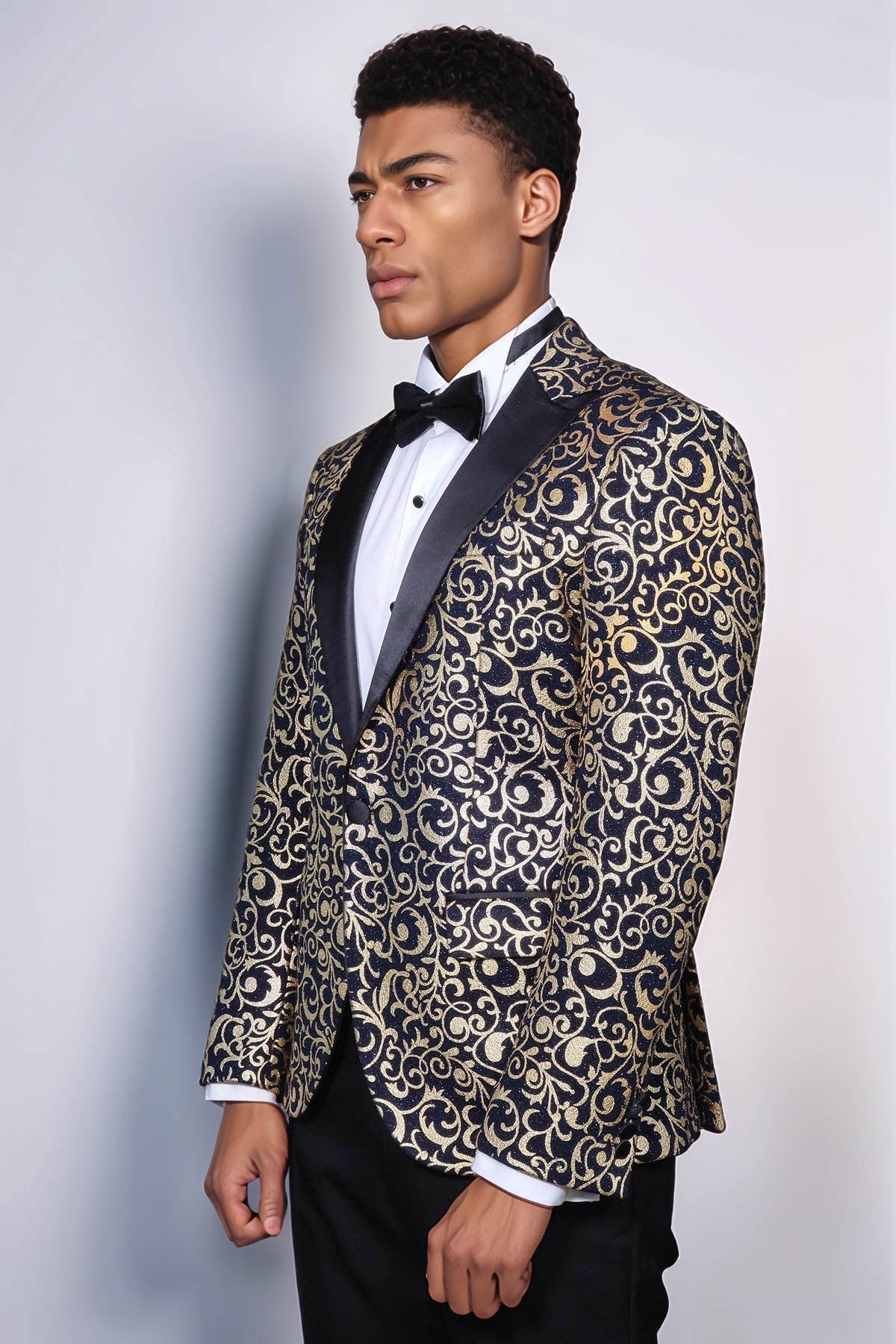Gold Patterned Over Navy Men Prom Blazer - Wessi