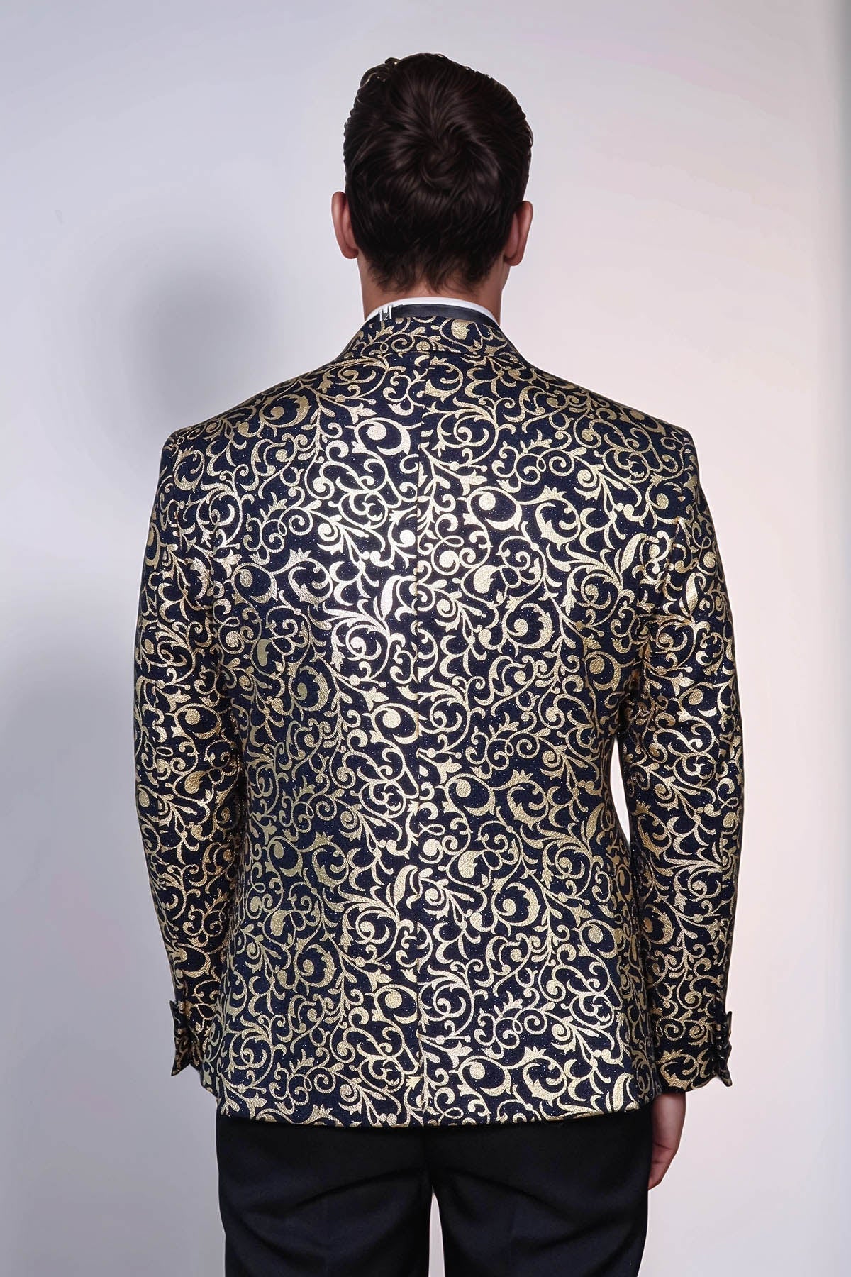 Gold Patterned Over Navy Men Prom Blazer - Wessi