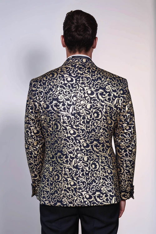 Gold Patterned Over Navy Men Prom Blazer - Wessi
