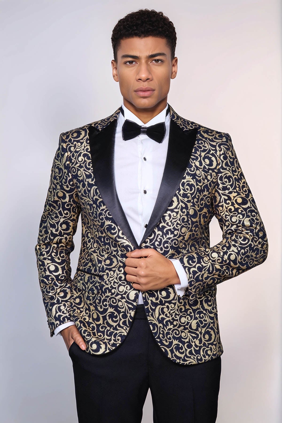 Gold Patterned Over Navy Men Prom Blazer - Wessi