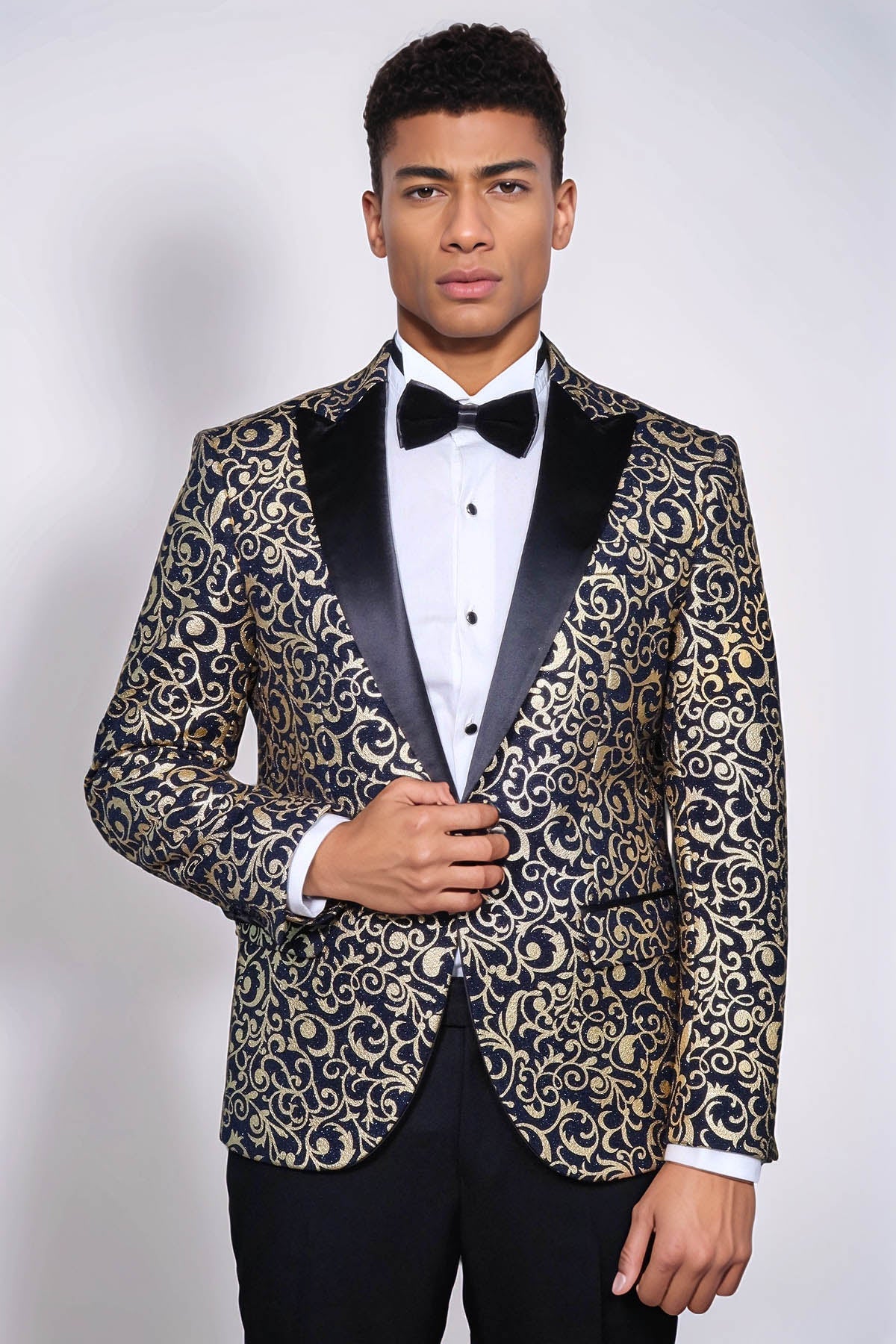 Gold Patterned Over Navy Men Prom Blazer - Wessi