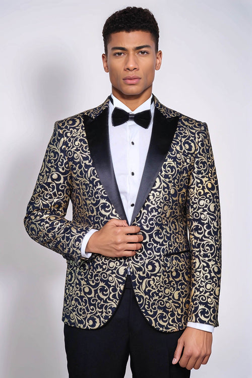 Gold Patterned Over Navy Men Prom Blazer - Wessi