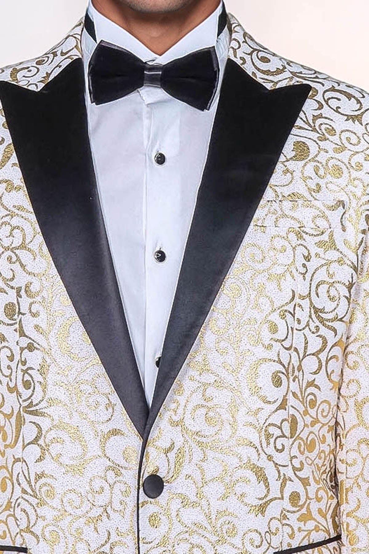 Gold Scroll Patterned Over White Men Prom Blazer - Wessi