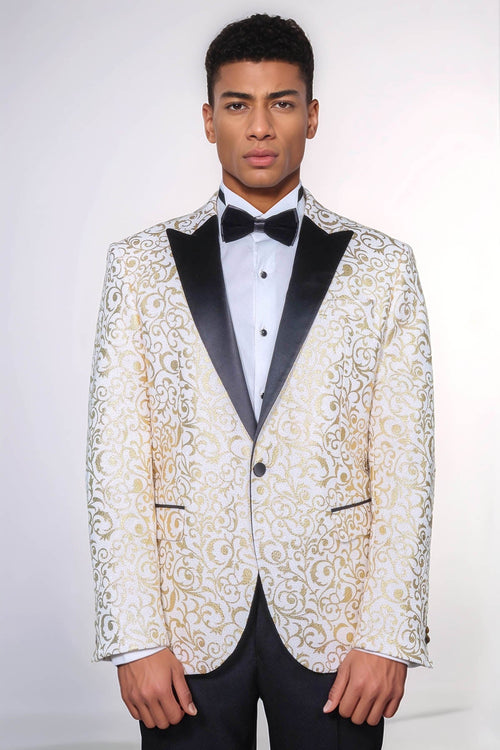 Gold Scroll Patterned Over White Men Prom Blazer - Wessi
