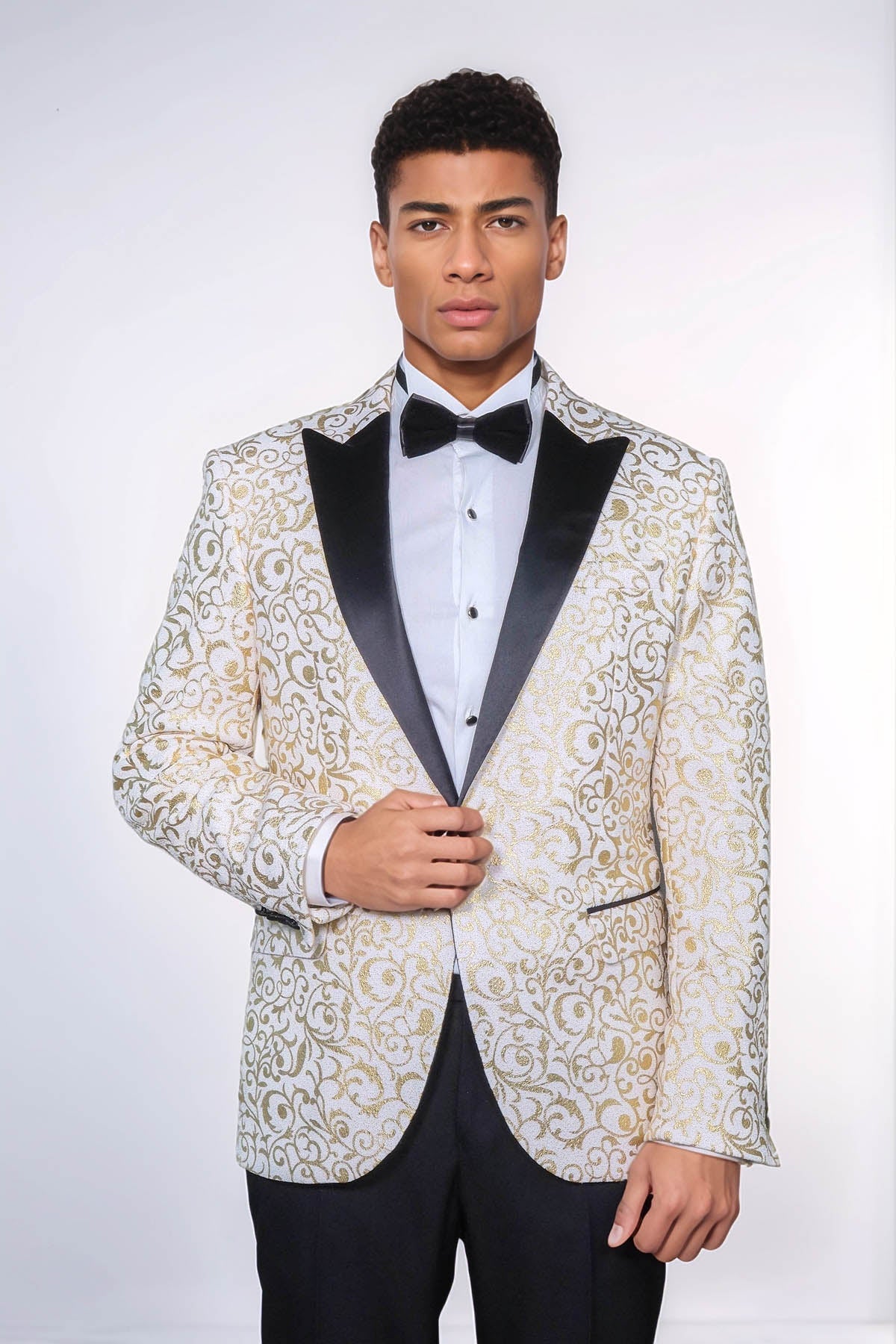 Gold Scroll Patterned Over White Men Prom Blazer - Wessi