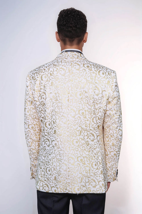 Gold Scroll Patterned Over White Men Prom Blazer - Wessi