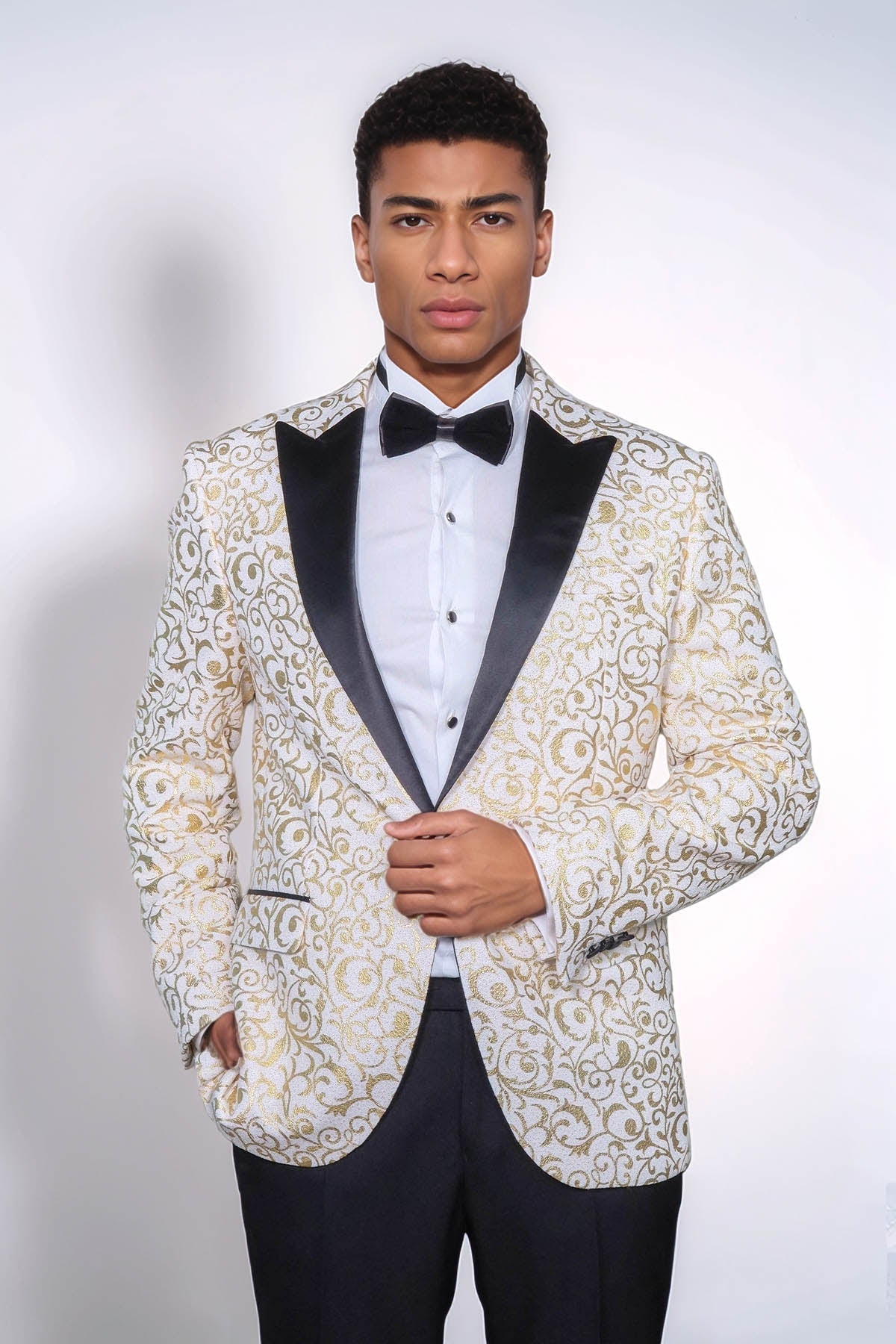 Gold Scroll Patterned Over White Men Prom Blazer - Wessi