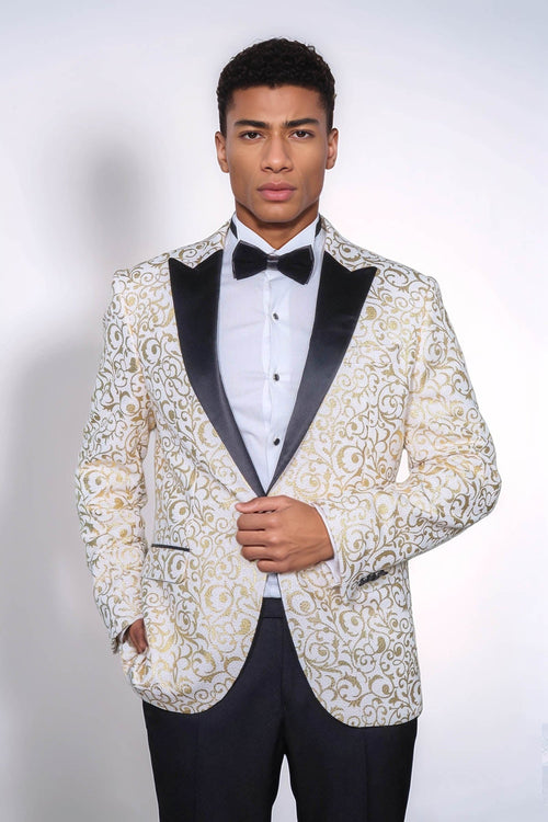 Gold Scroll Patterned Over White Men Prom Blazer - Wessi