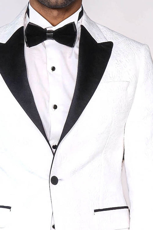 Black Peak Lapel Textured Fabric Men's Royal White Tuxedo Jacket - Wessi