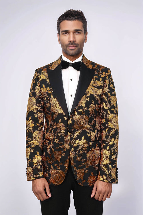 Floral Patterned Slim Fit Yellow Men Prom Blazer - Wessi