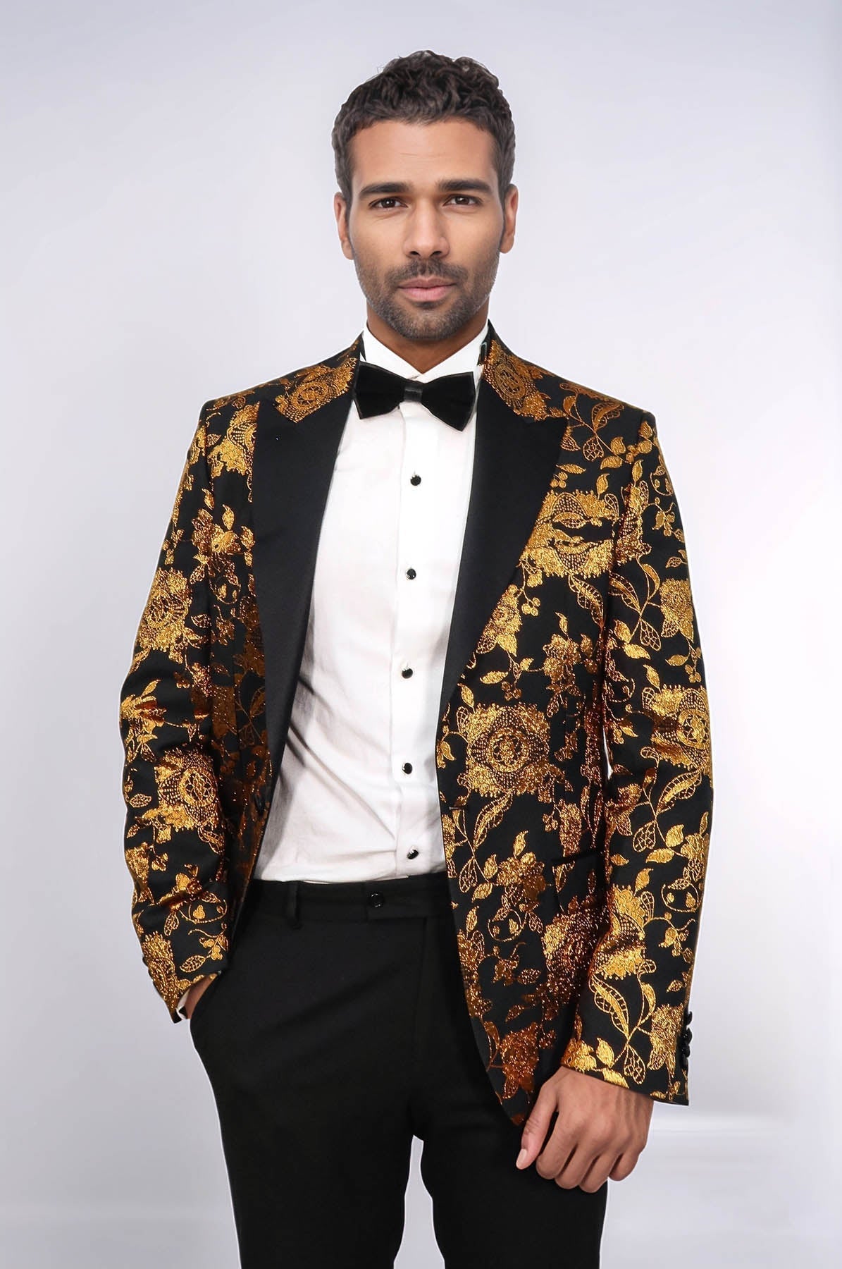 Floral Patterned Slim Fit Yellow Men Prom Blazer - Wessi