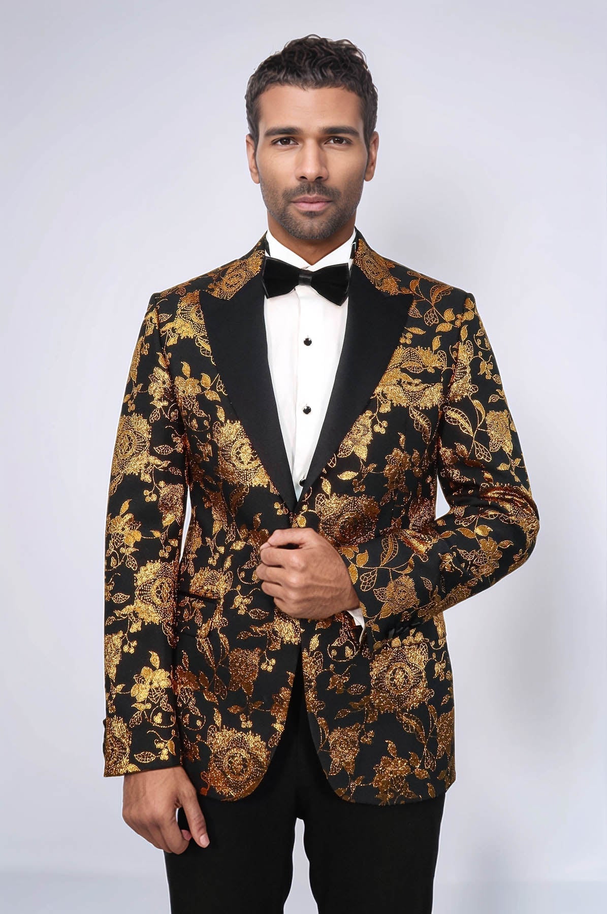 Floral Patterned Slim Fit Yellow Men Prom Blazer - Wessi