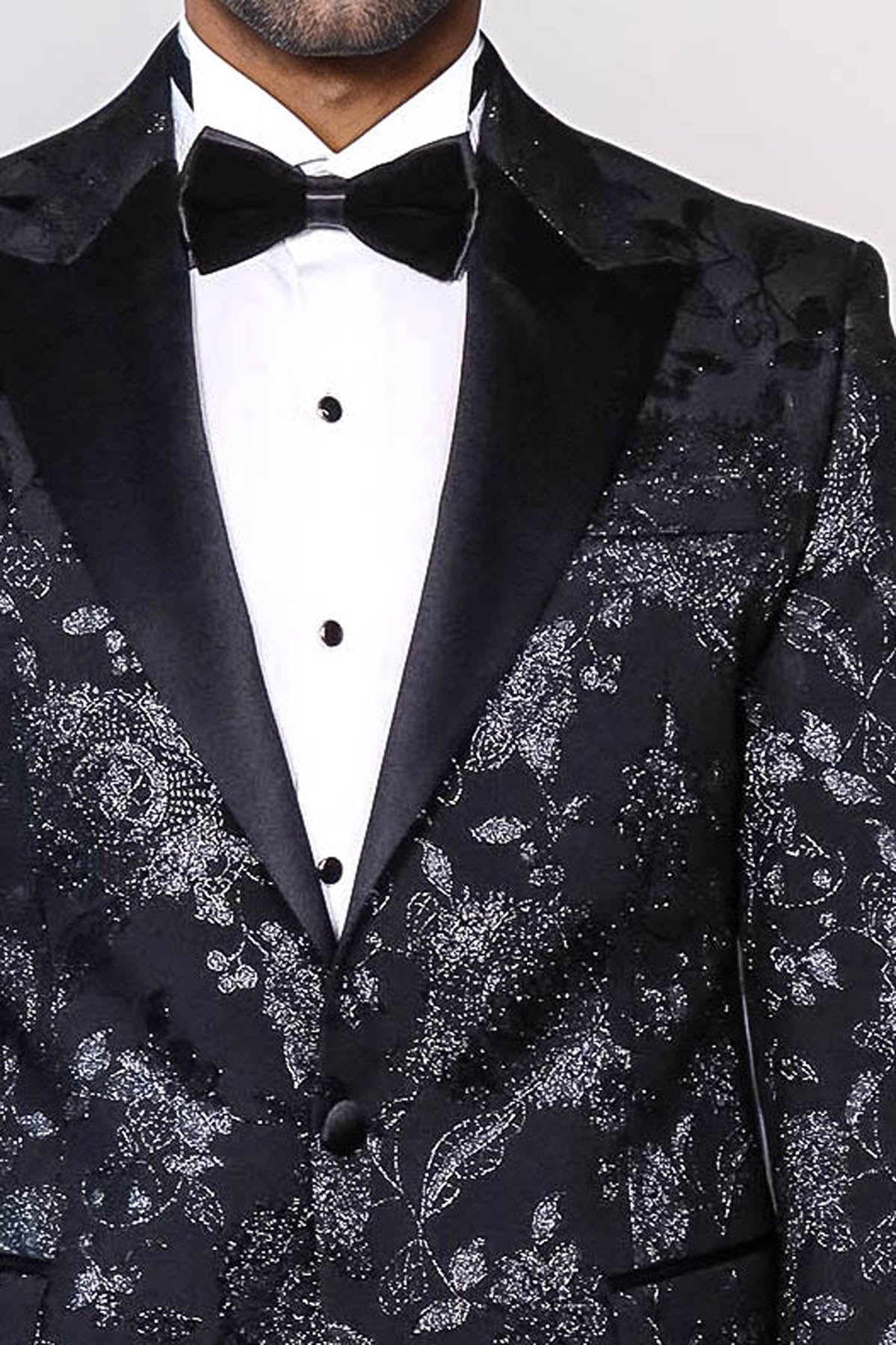 Floral Patterned Shiny Peak Lapel Black Men Prom Blazer - Wessi