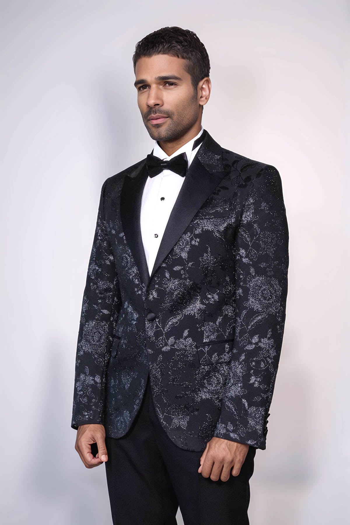 Floral Patterned Shiny Peak Lapel Black Men Prom Blazer - Wessi