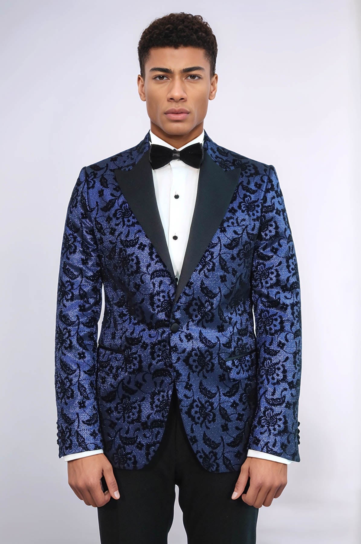 Floral Patterned Peak Lapel Navy Blue Men Prom Blazer - Wessi