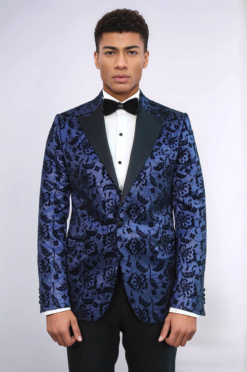 Floral Patterned Peak Lapel Navy Blue Men Prom Blazer - Wessi