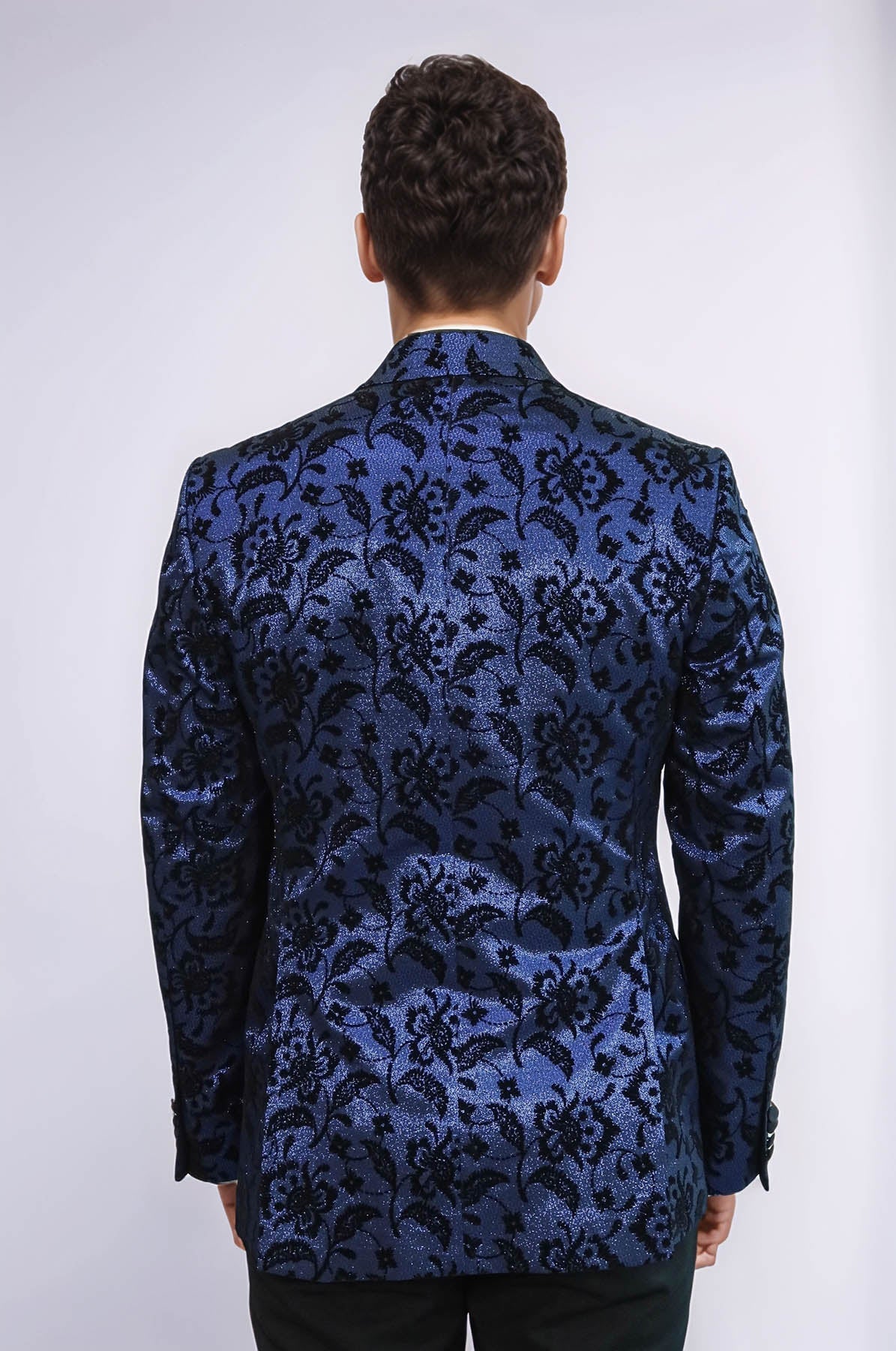 Floral Patterned Peak Lapel Navy Blue Men Prom Blazer - Wessi